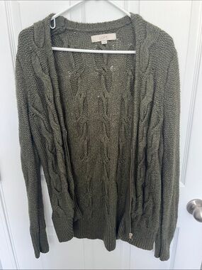 LOFT Olive Cable-Knit Zip Cardigan